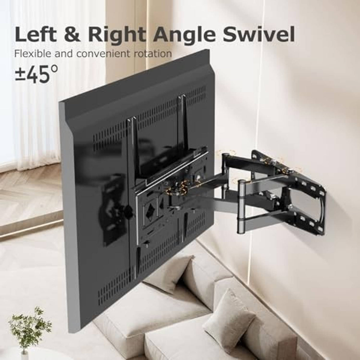 Black full-motion TV wall mount with left-right swivel bracket and double hinge arms
