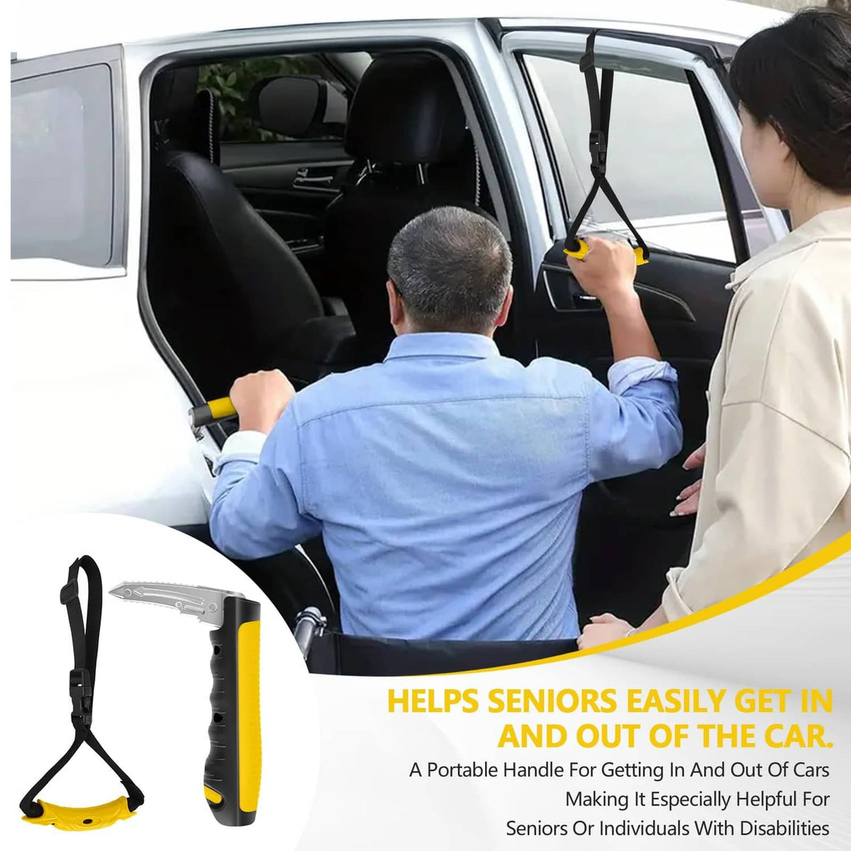 Car door assist handle with yellow grip and black strap shown in use near door