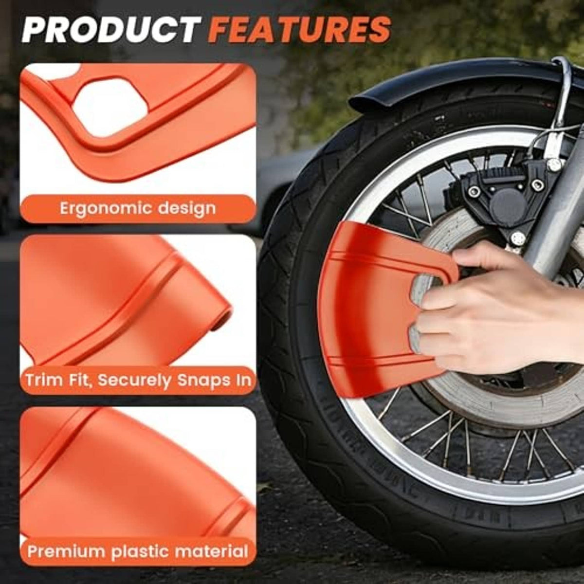 Orange rim protector on a motorcycle wheel rim, snapping around the edge