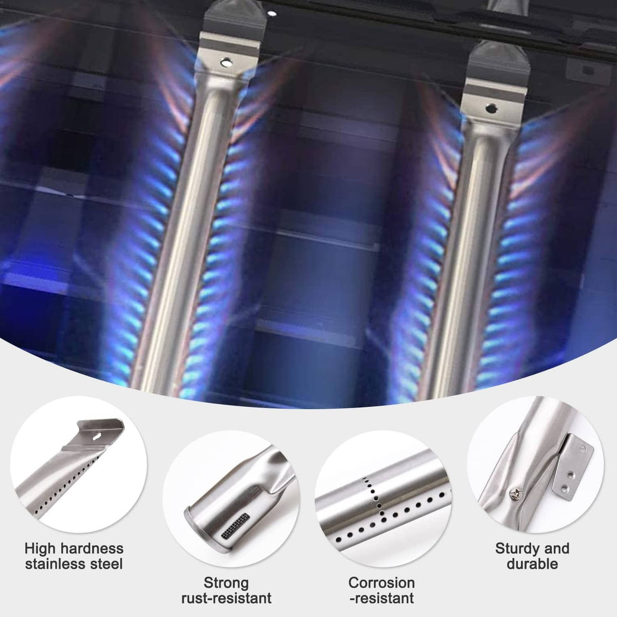 Stainless steel grill burners producing blue flame, with close-up durability detail icons