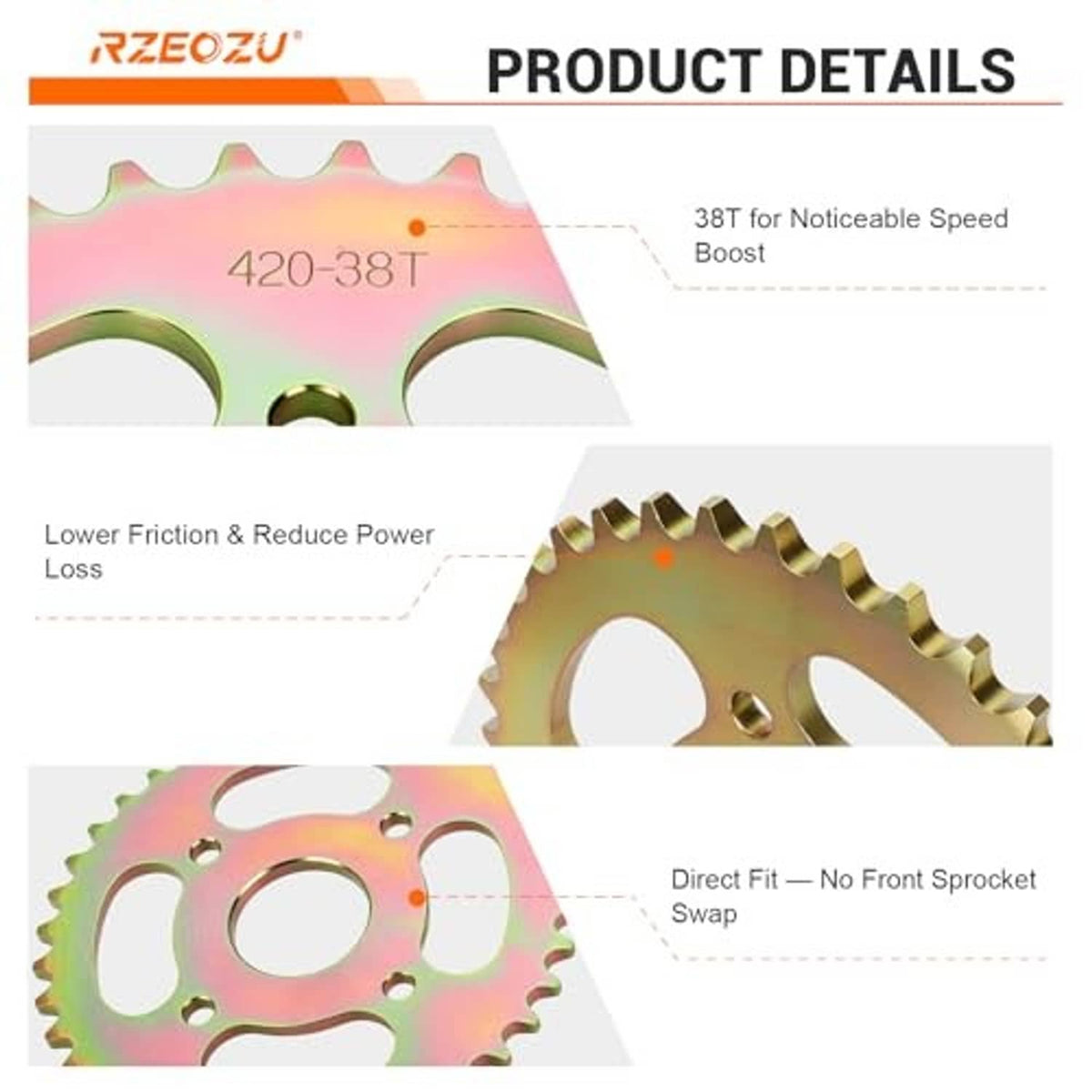 Close-up of rainbow sprocket teeth and mounting holes on product infographic