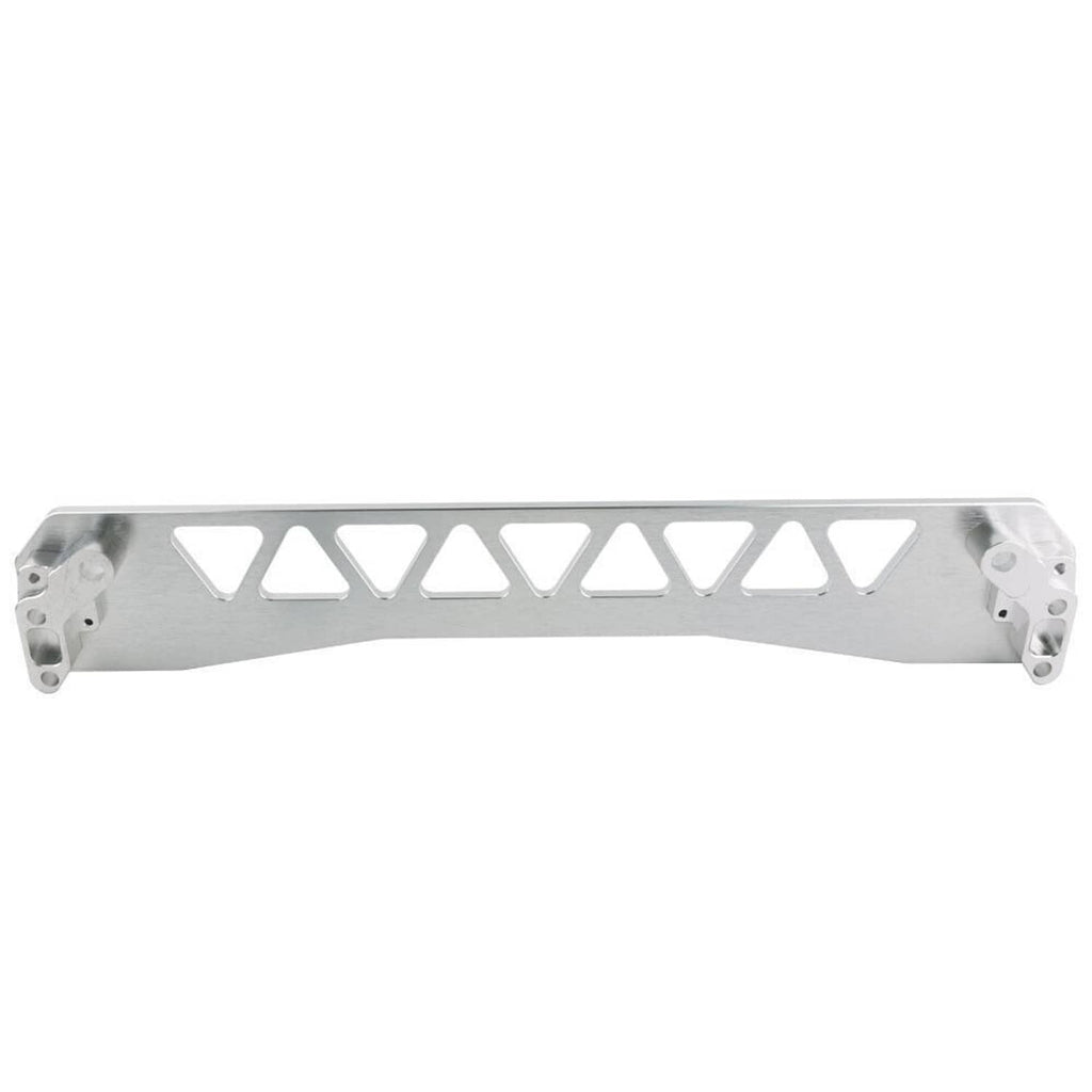 Rear subframe brace tie bar with triangular cutouts, flat mounting ends, silver metal