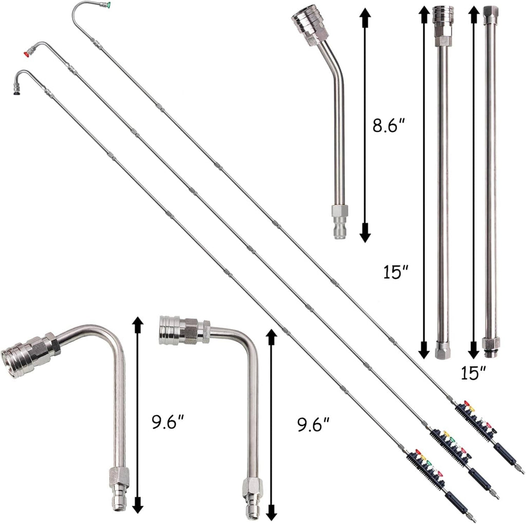 Set of straight and curved pressure washer extension wands with quick-connect fittings