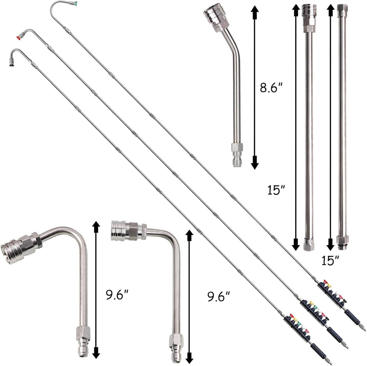 Set of straight and curved pressure washer extension wands with quick-connect fittings