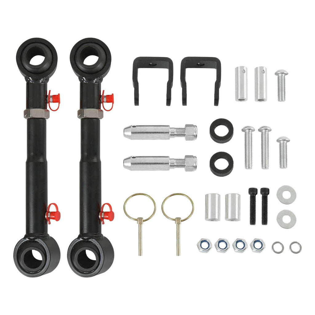 Quick-disconnect sway bar link pair with black bushings and steel mounting hardware