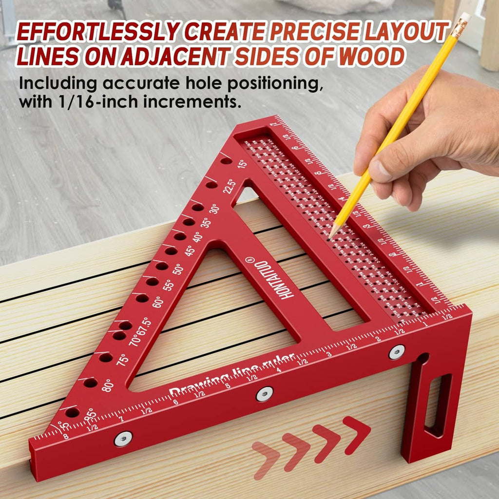 Red woodworking carpenter square with precision layout holes and 1/16-inch ruler increments