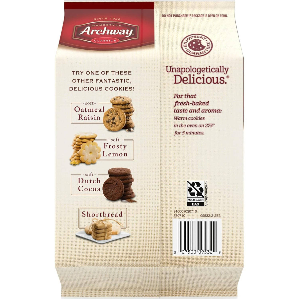 Iced molasses cookies package back with assortment callouts and barcode