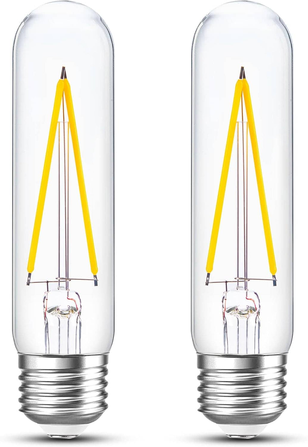 Dimmable LED tube bulbs with clear glass, E26 screw base, two-pack, visible 2-filament cores