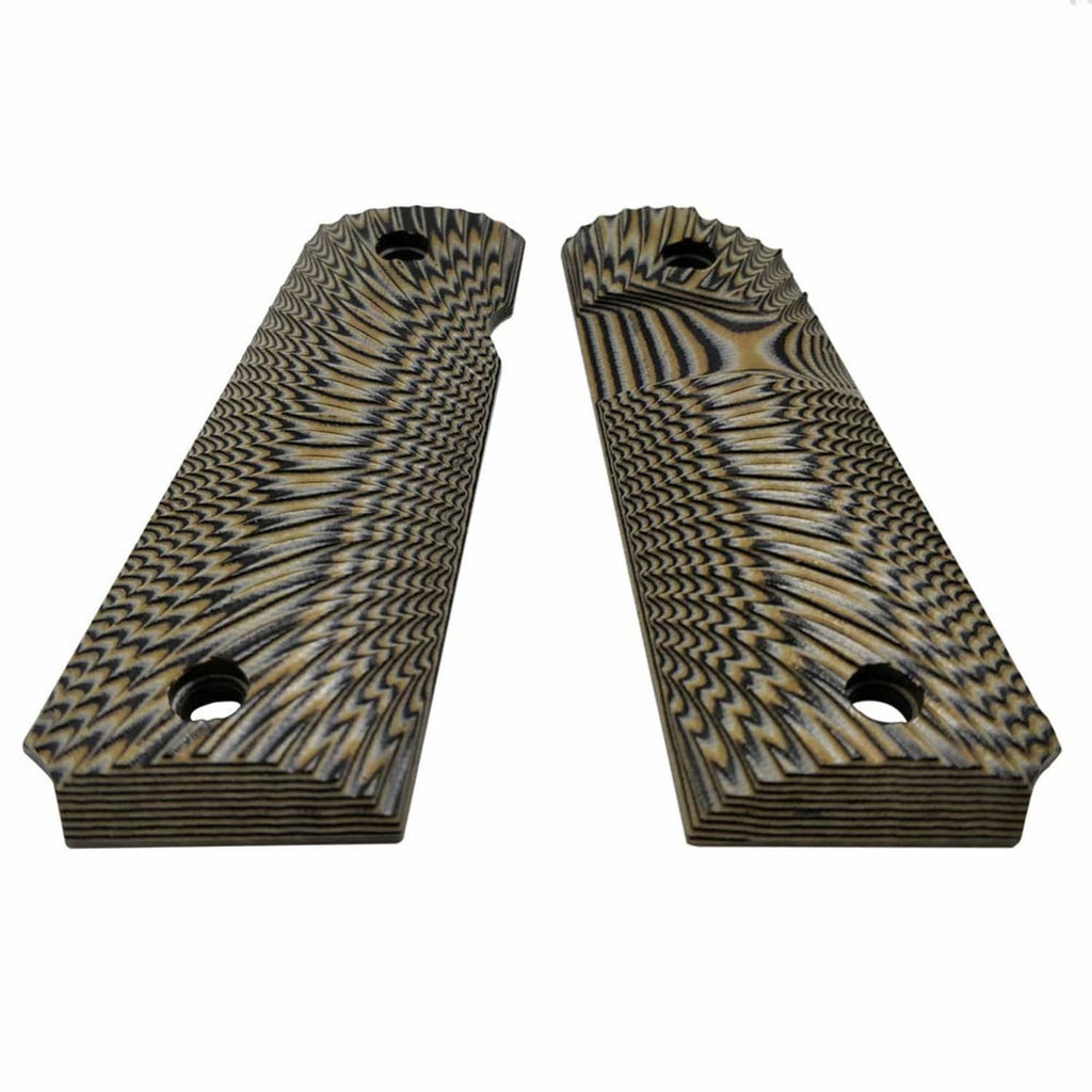Two coyote tan G10 pistol grip panels with wavy sunburst texture and mounting holes