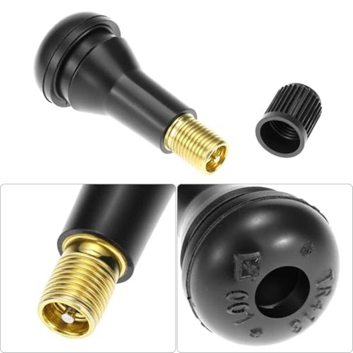 Rubber snap-in tire valve stem with brass core; separate black rubber cap shown