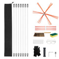 Chimney cleaning kit with nylon rods, orange bristle brush, gloves, goggles, and storage bag