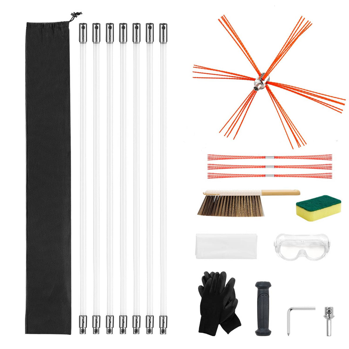 Chimney cleaning kit with nylon rods, orange bristle brush, gloves, goggles, and storage bag