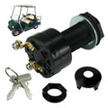 Black golf cart starter key switch with 2 terminals, two keys, nuts, and black cap