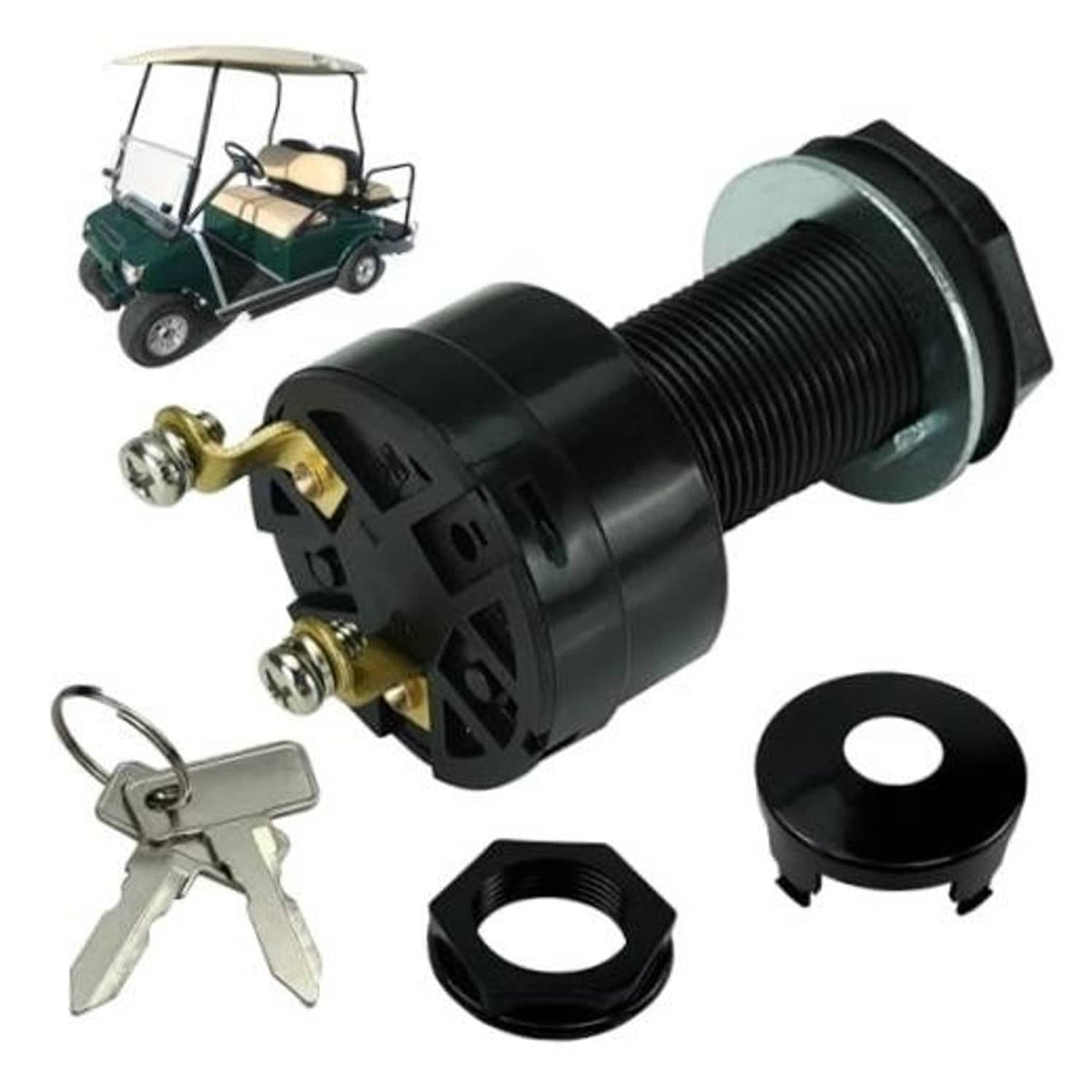 Black golf cart starter key switch with 2 terminals, two keys, nuts, and black cap
