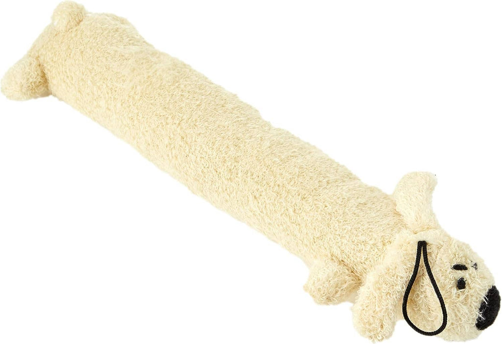 Beige long-legged dog plush toy with black nose and stitched smile detail