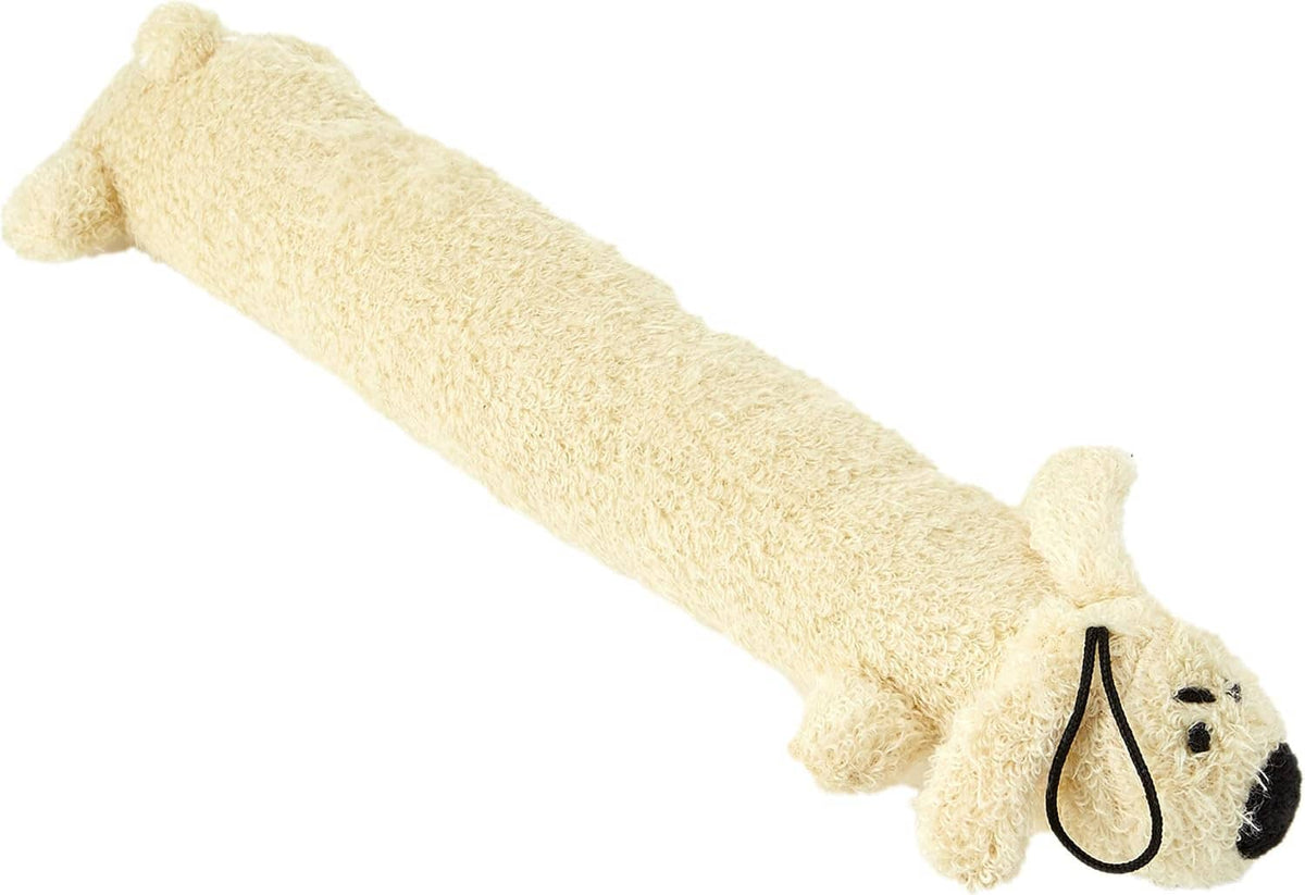 Beige long-legged dog plush toy with black nose and stitched smile detail