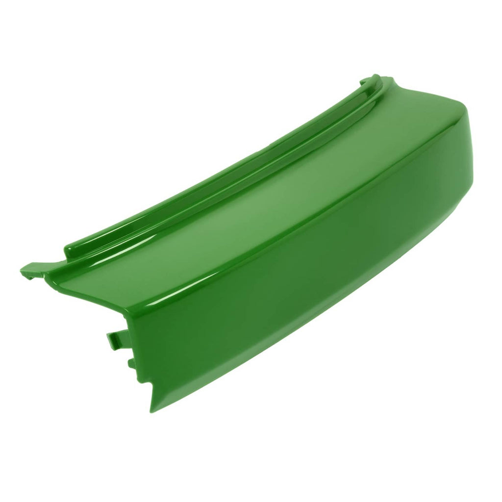 Green front bumper outer cover panel with angled edge and side clips