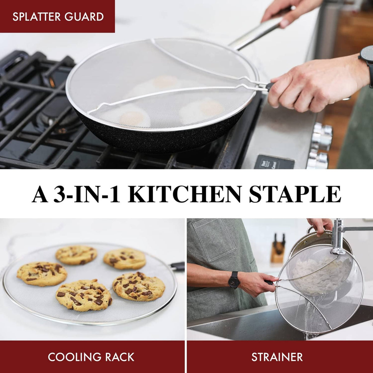 Round stainless splatter screen covering a black skillet on a gas burner.