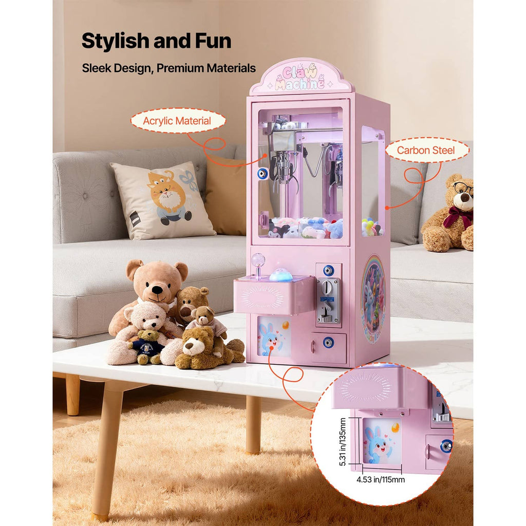 Pink claw crane arcade machine with top window and prize storage for plush toys
