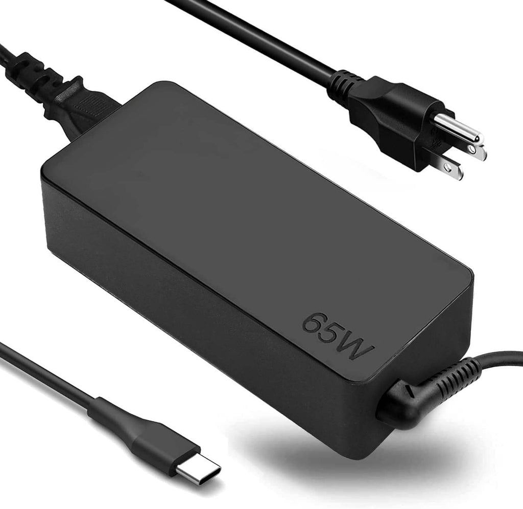 65W USB-C laptop charger, black adapter with US AC plug and USB-C cable