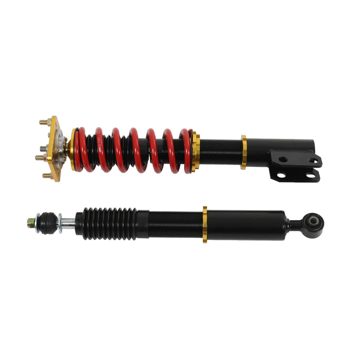 Coilover strut set with red springs and black shocks with mounting bracket ends
