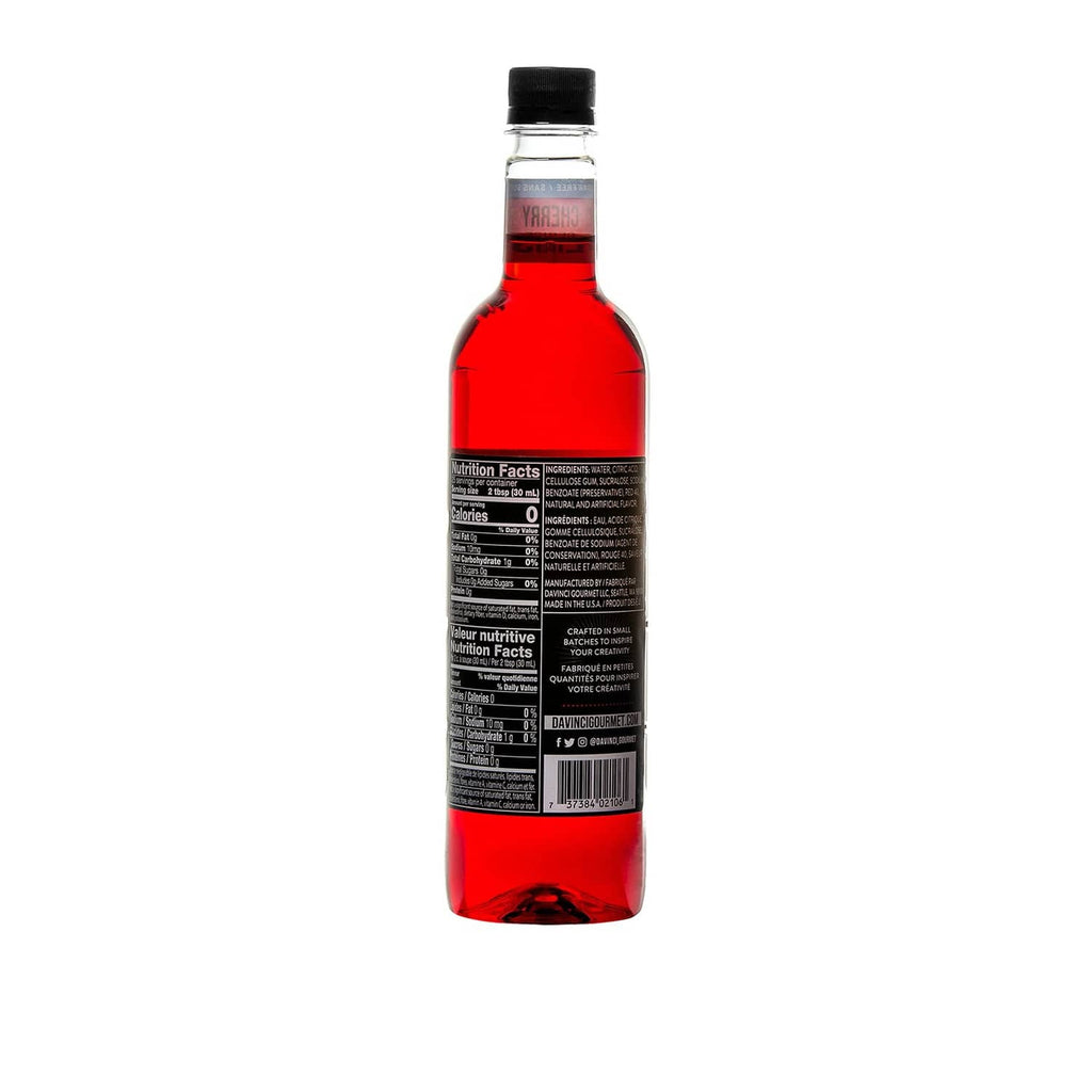Sugar-free cherry syrup bottle with black cap, back label with Nutrition Facts