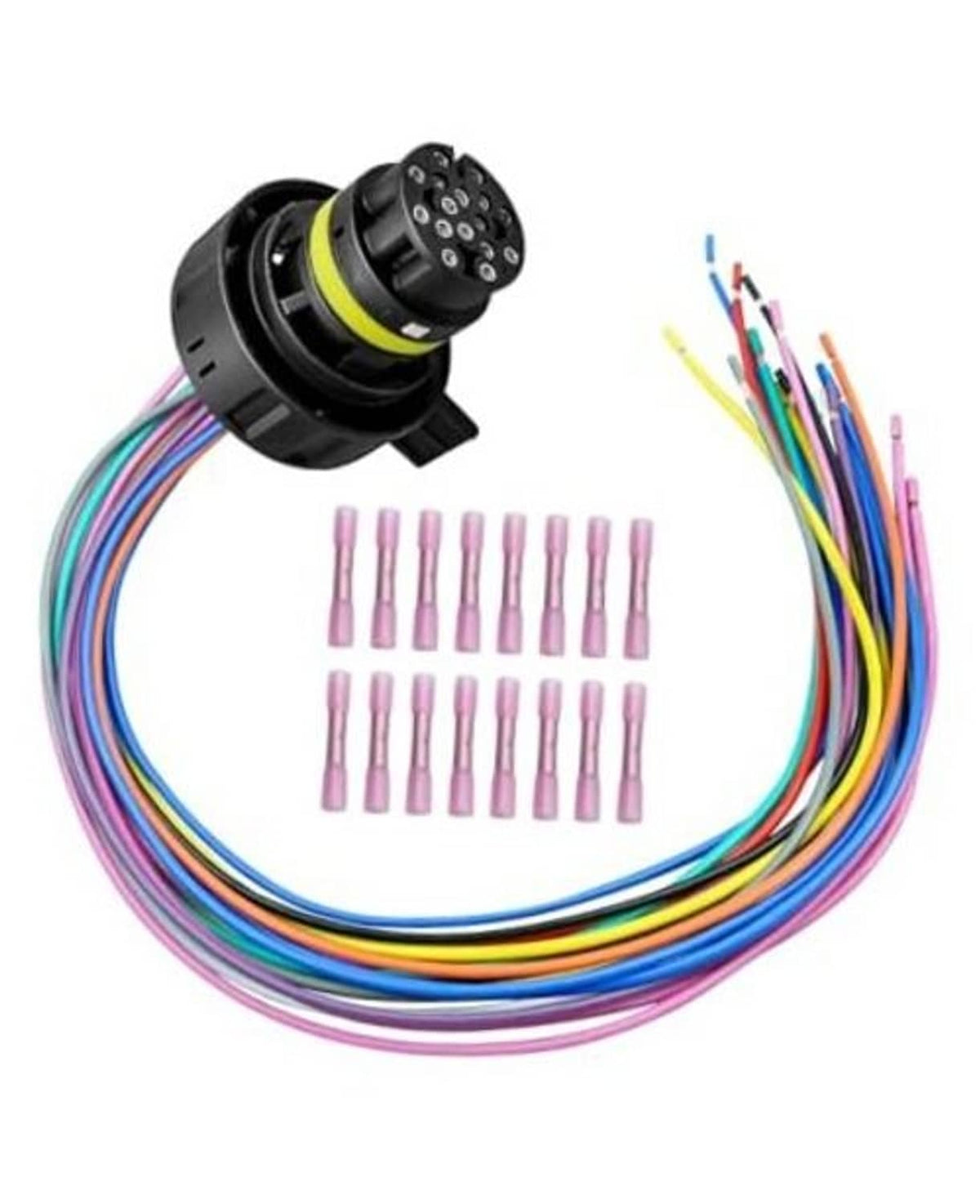 Transmission harness repair kit with black connector, multicolor wire leads, and pink terminals