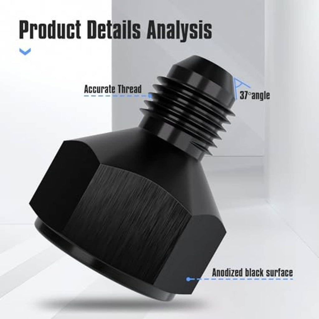 Black AN reducer fitting close-up, hex body with threaded male flare port