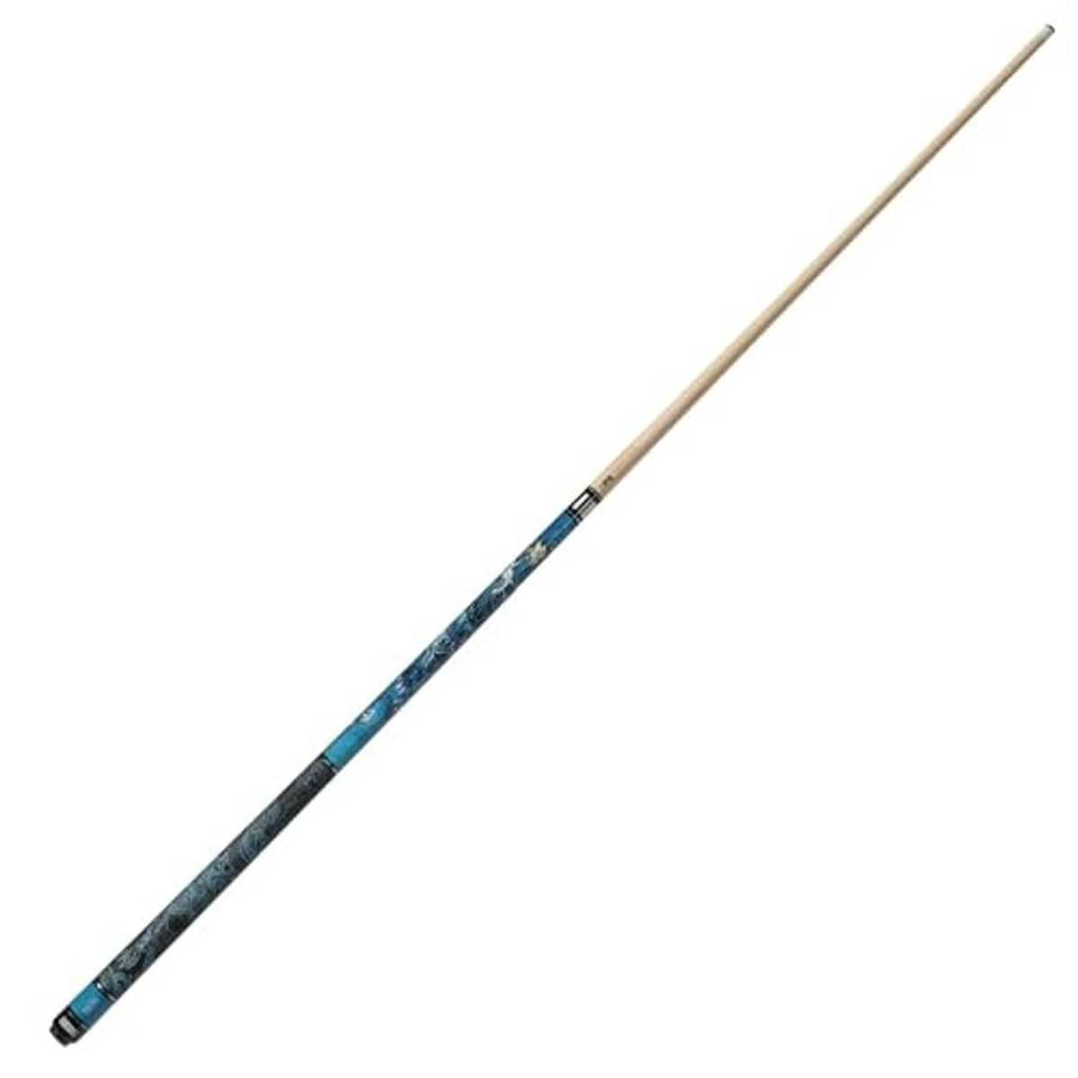Blue patterned pool cue with dark cue butt and light wood playing shaft