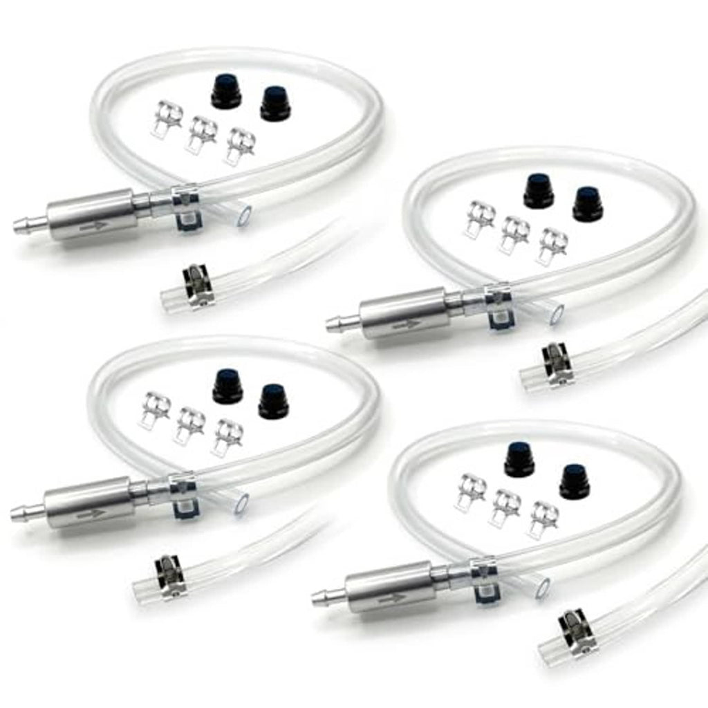 Brake bleeder kit set with four clear hoses, metal adapters, and hose clamps