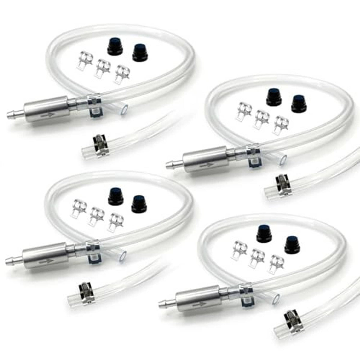 Brake bleeder kit set with four clear hoses, metal adapters, and hose clamps