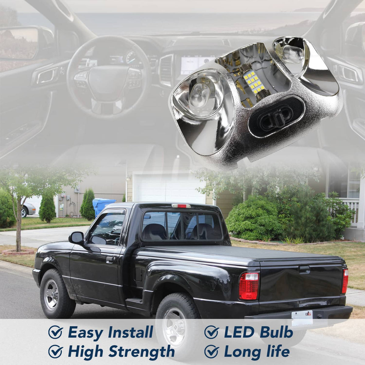LED cab map lamp assembly with chrome reflectors and LED circuit, installed-ready dome