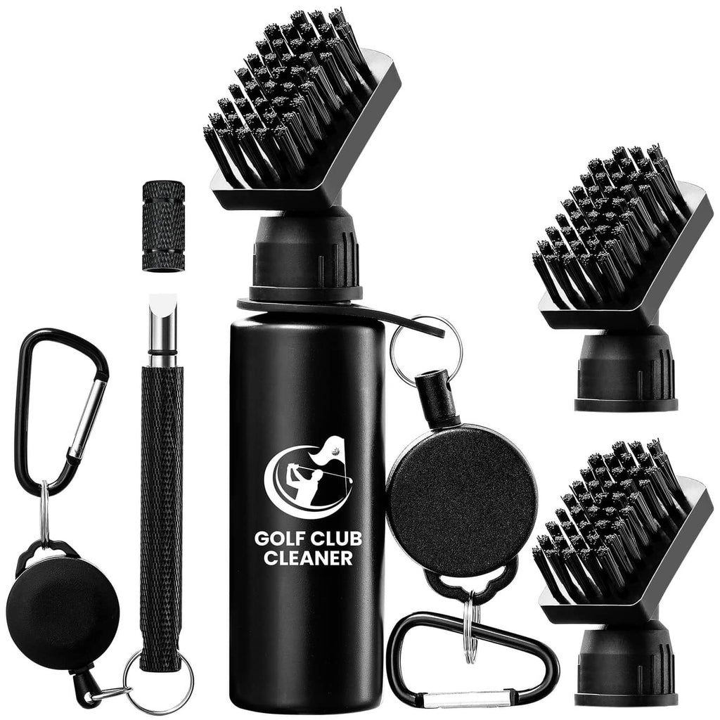 Black golf club brush cleaner bottle with three replacement brush heads, sponge pad, and carabiner clip