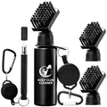 Black golf club brush cleaner bottle with three replacement brush heads, sponge pad, and carabiner clip