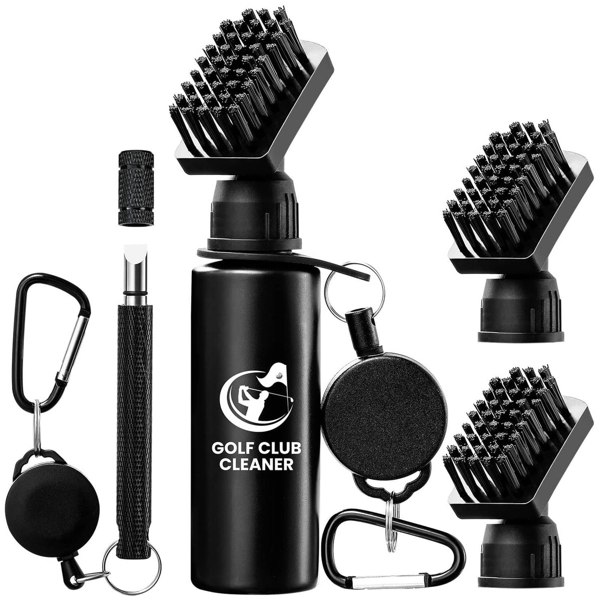 Black golf club brush cleaner bottle with three replacement brush heads, sponge pad, and carabiner clip