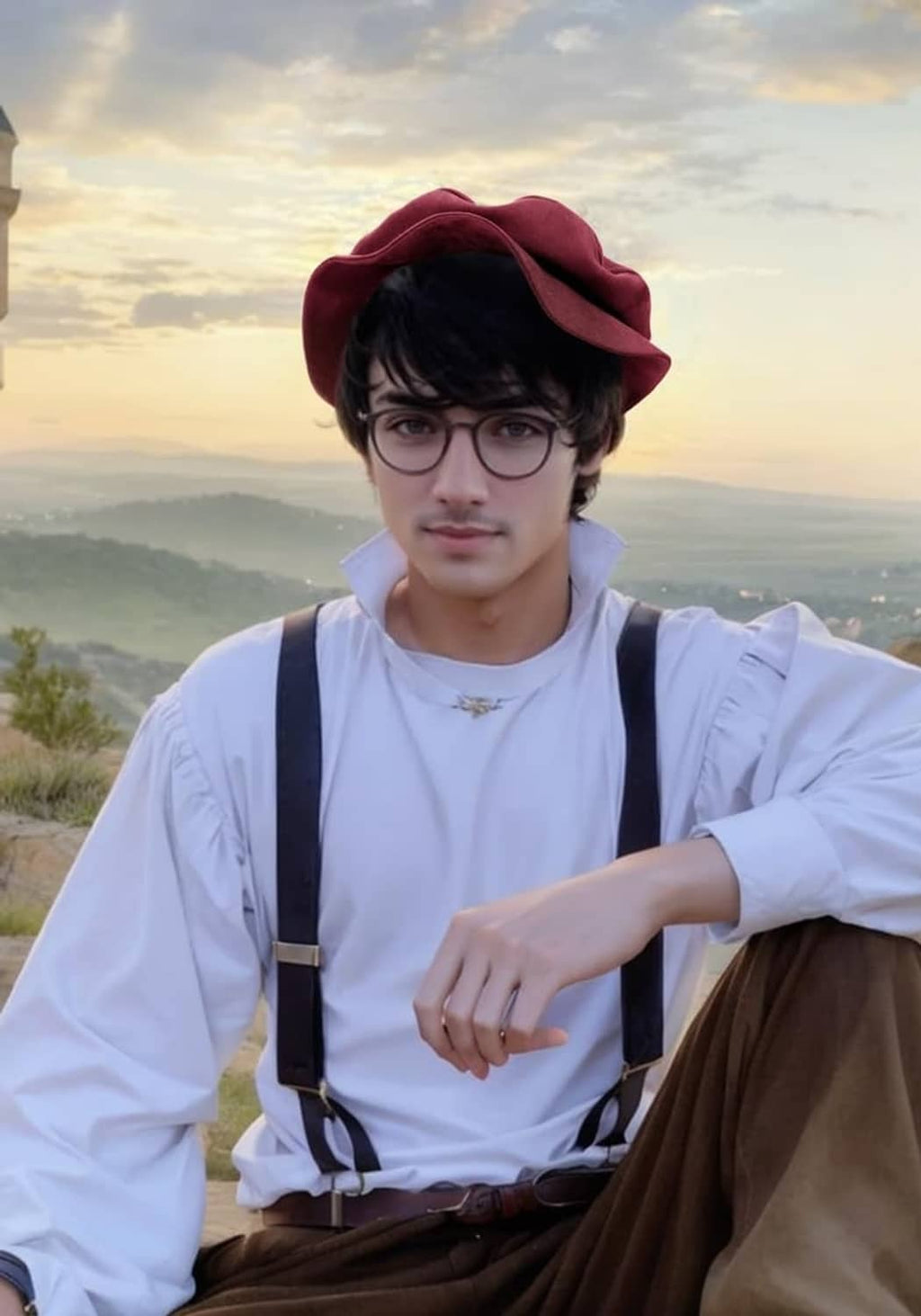 Wine burgundy flat beret hat worn with glasses and suspenders