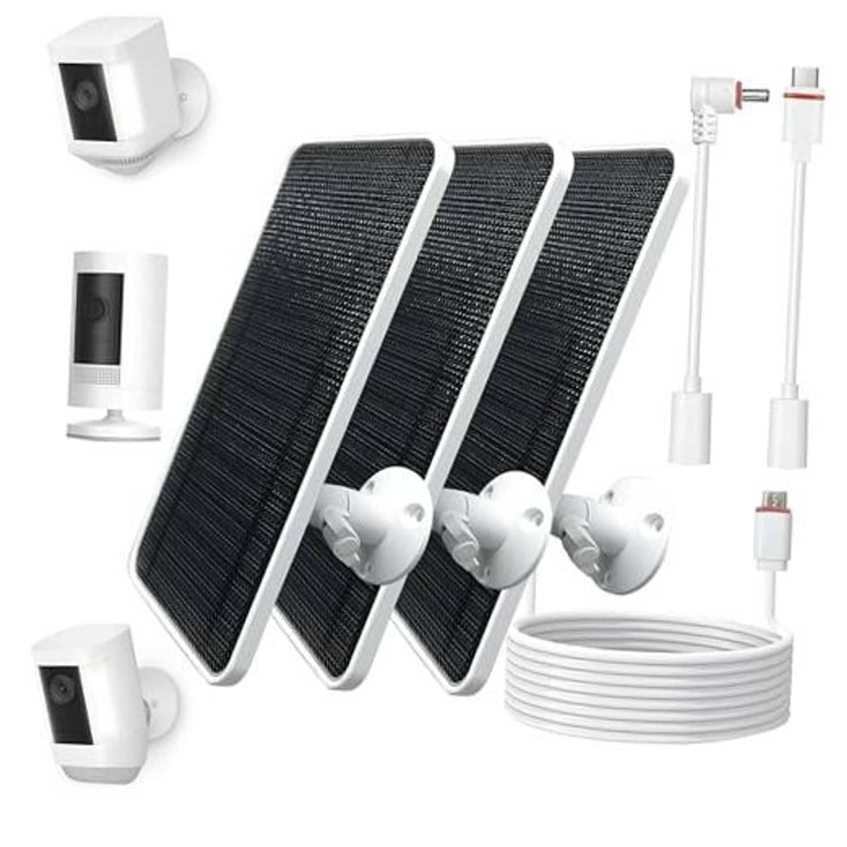 Solar panel kit with three foldable black panels, four white adapters, and cable coil.