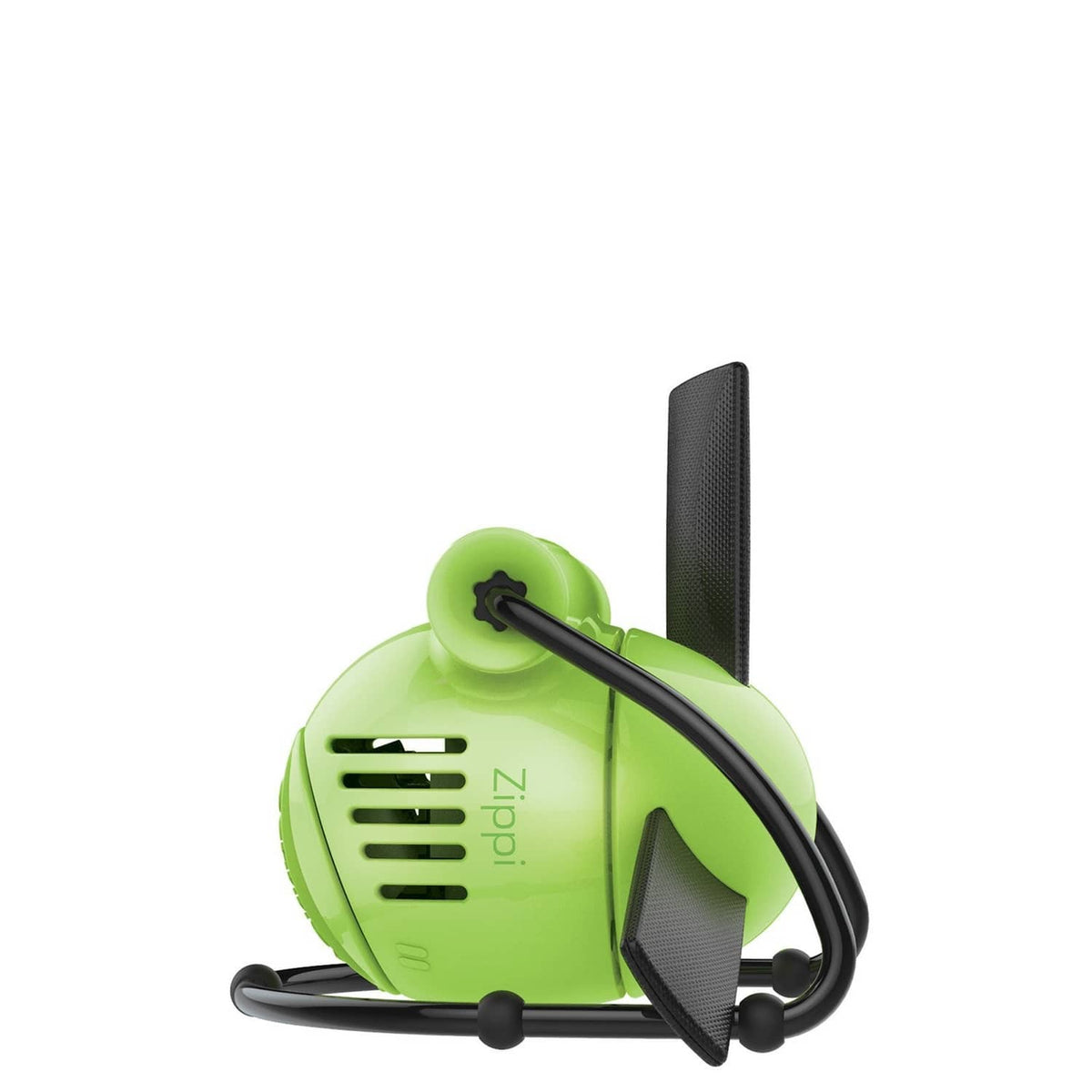 Lime green foldable desk fan close-up with vented grille and flexible arms