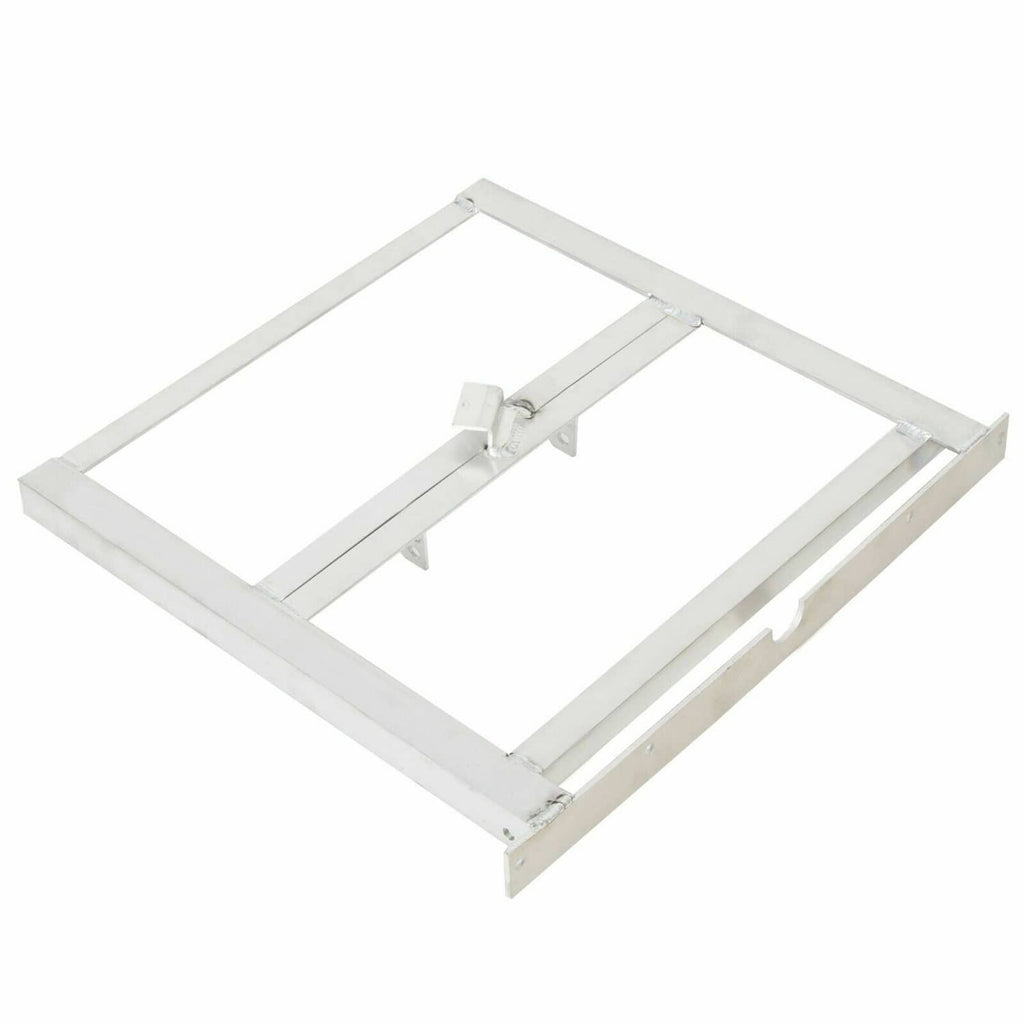 Aluminum 36V battery tray rack frame with hinge bracket and mounting hardware tabs