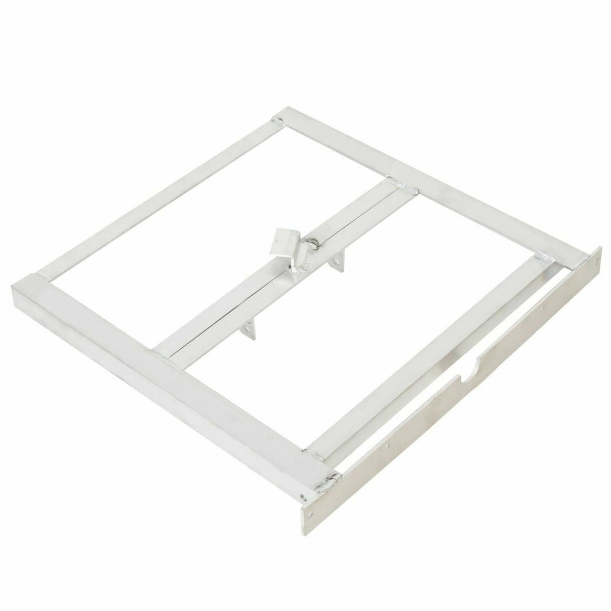 Aluminum 36V battery tray rack frame with hinge bracket and mounting hardware tabs