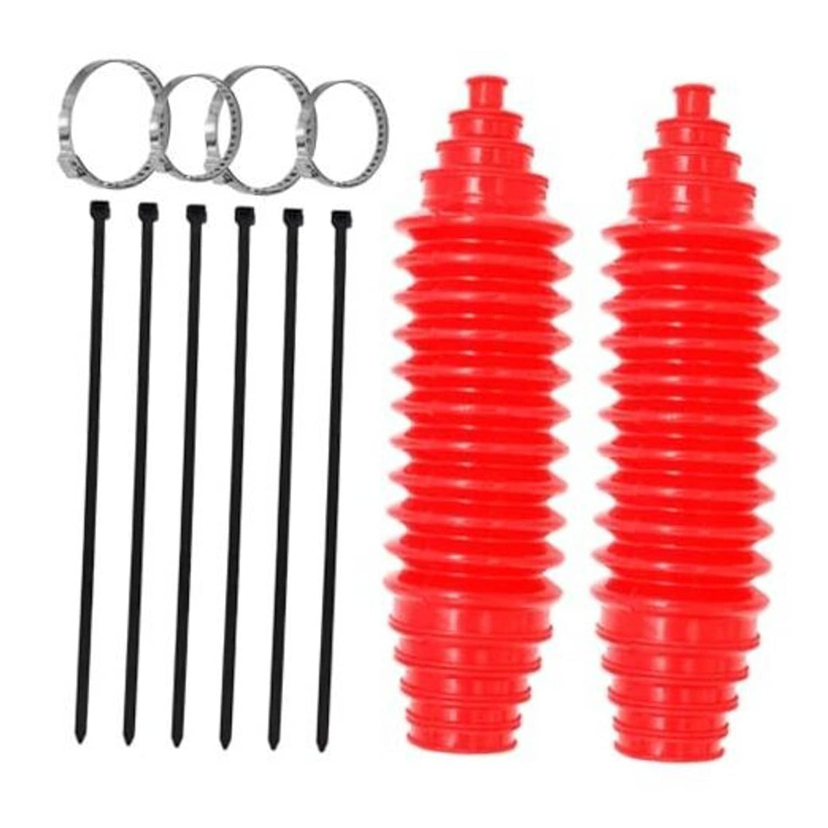 Universal steering rack boot kit with two red silicone bellows, clamps, and black ties
