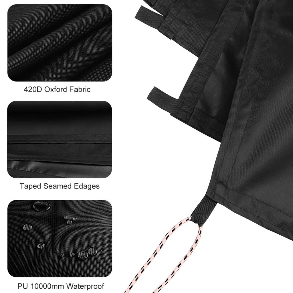 Black tarp cover close-up showing taped seams, coated waterproof fabric, tie straps