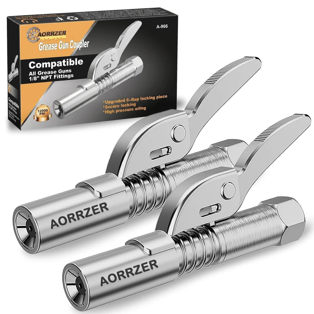 Pair of silver grease gun couplers with lever, spiral spring, and threaded ends