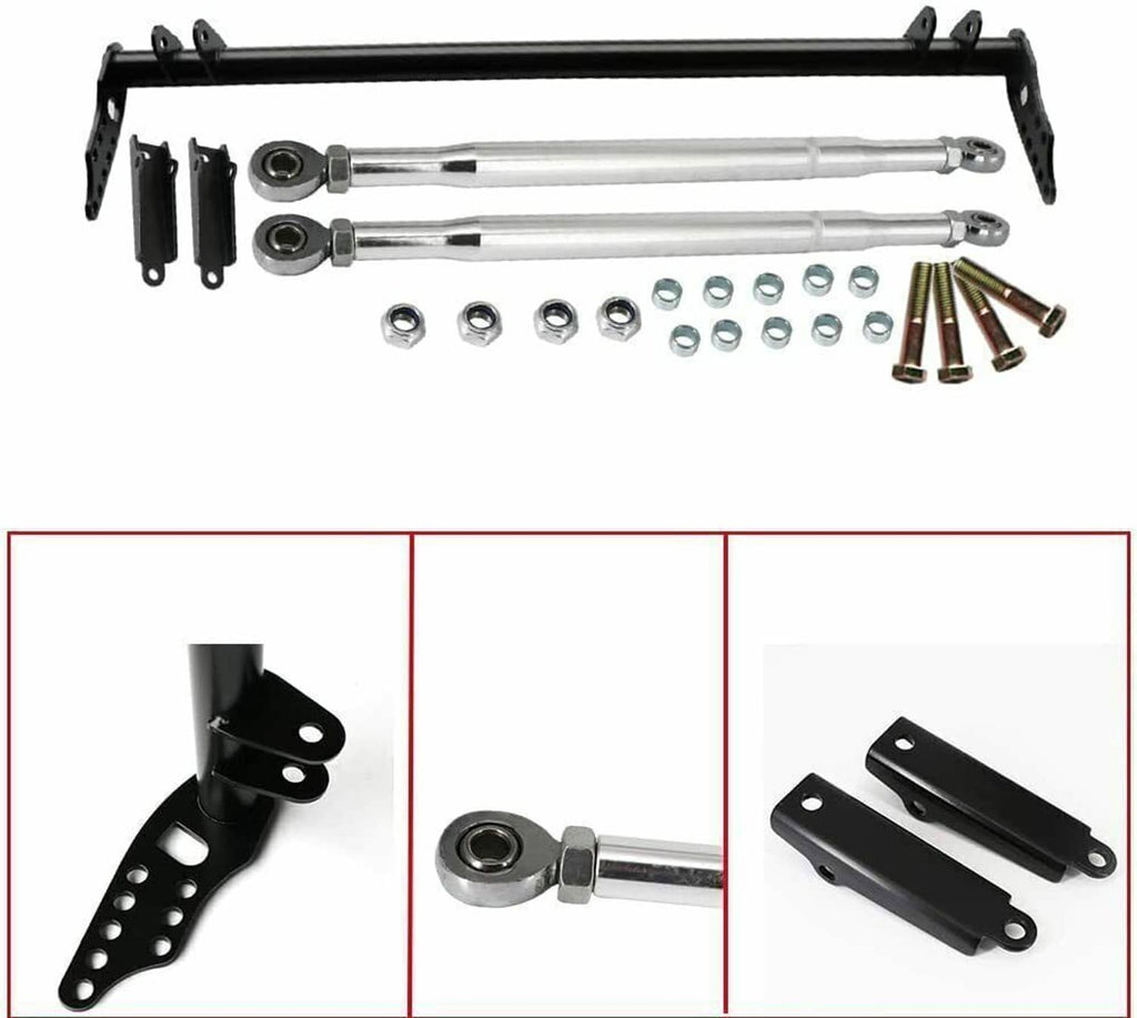 Front traction control tie bar kit contents: black bar, rods, brackets, bolts, washers