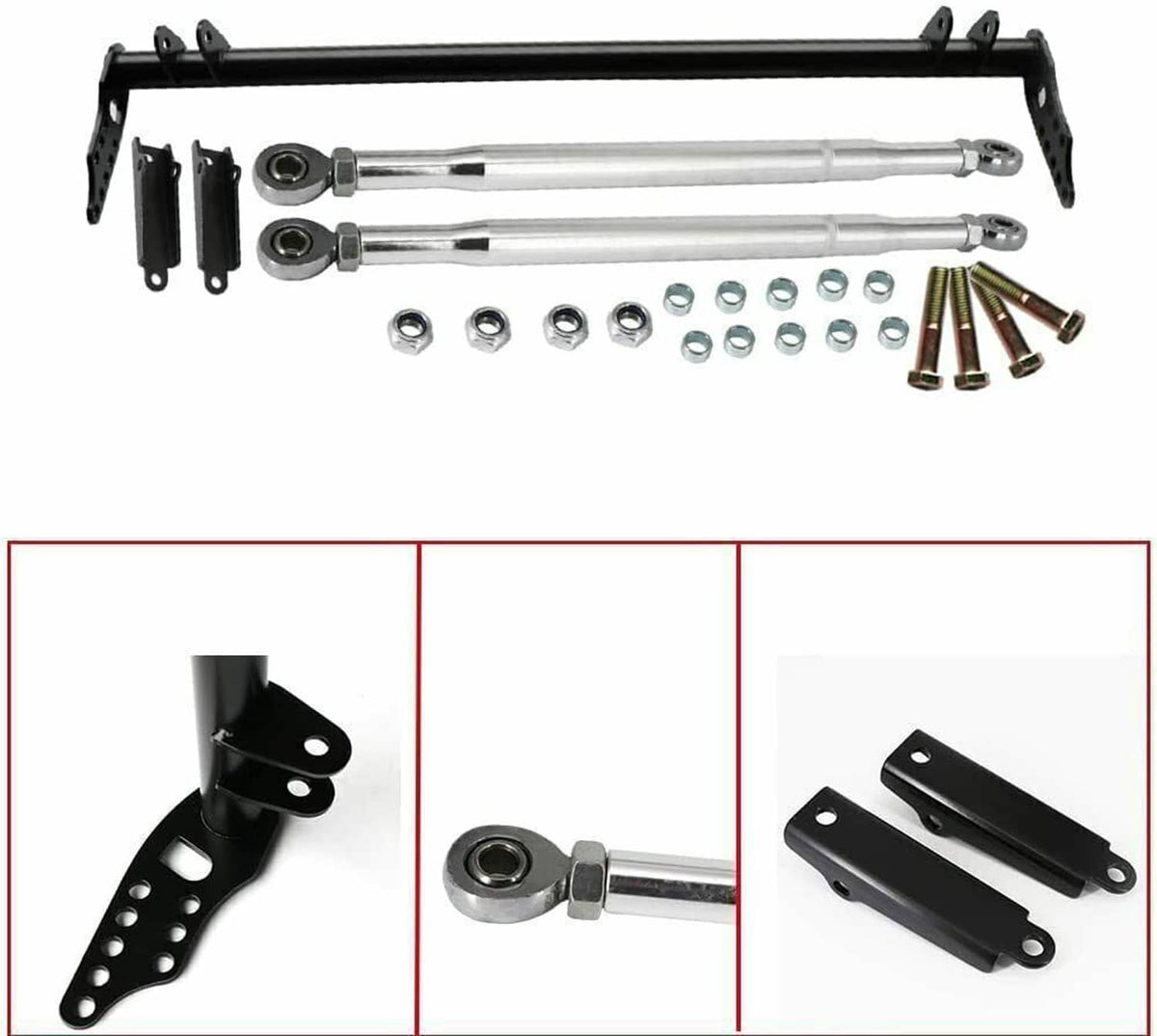 Front traction control tie bar kit contents: black bar, rods, brackets, bolts, washers