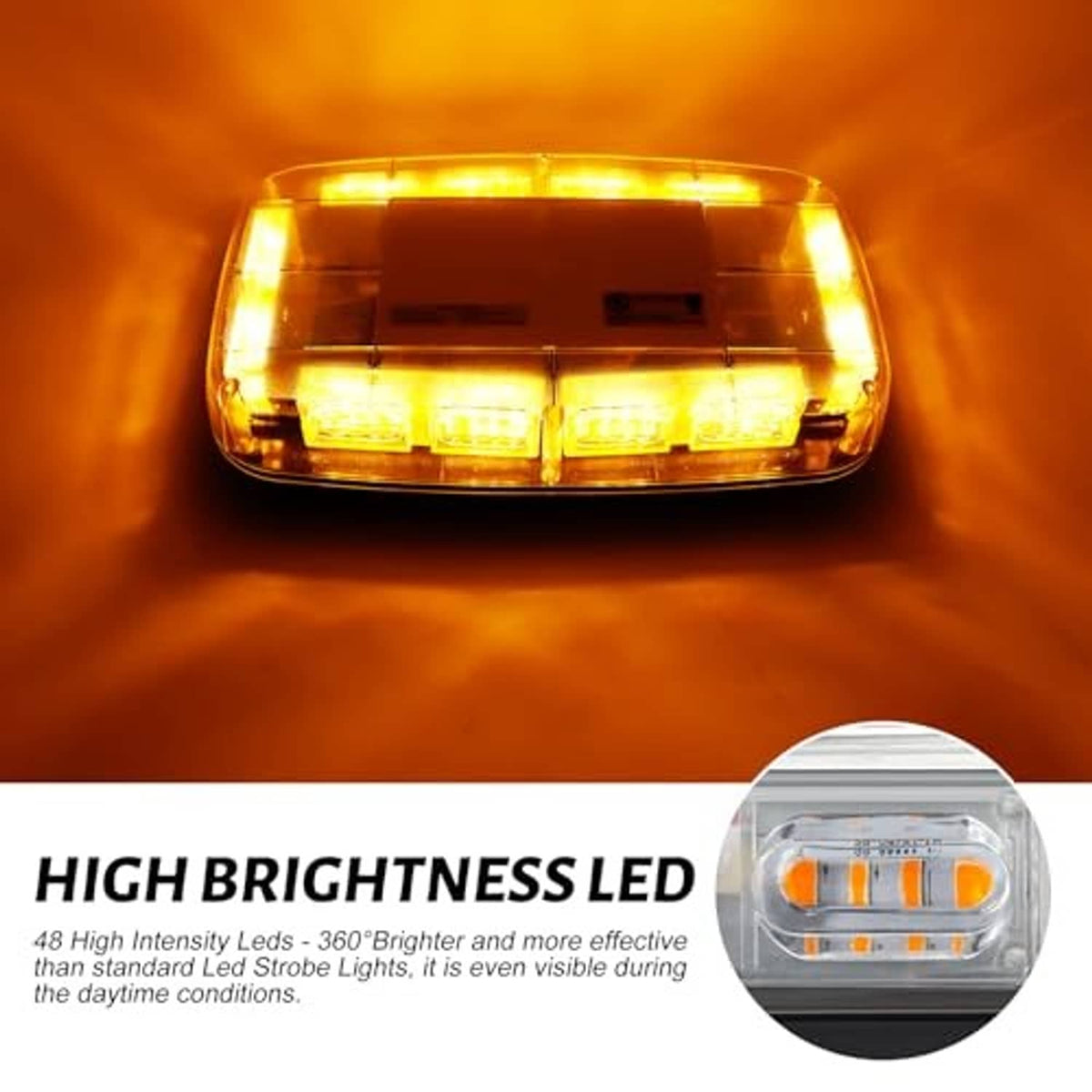 Amber LED strobe light viewed from front, glowing beacon with multi-lamp bar