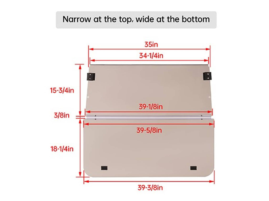 Tinted windscreen size diagram with narrow top and wider bottom measurements