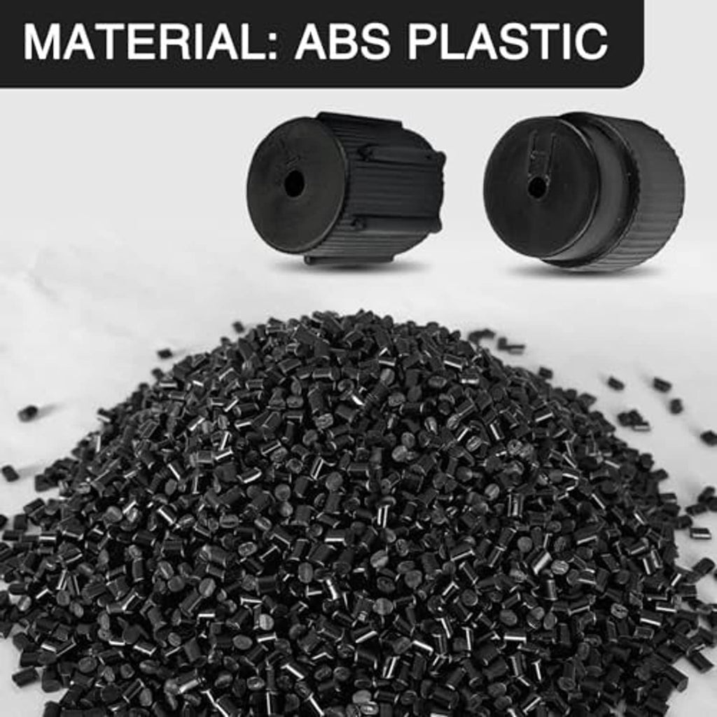 Black ABS AC valve core covers with small parts pile and two assembled pieces