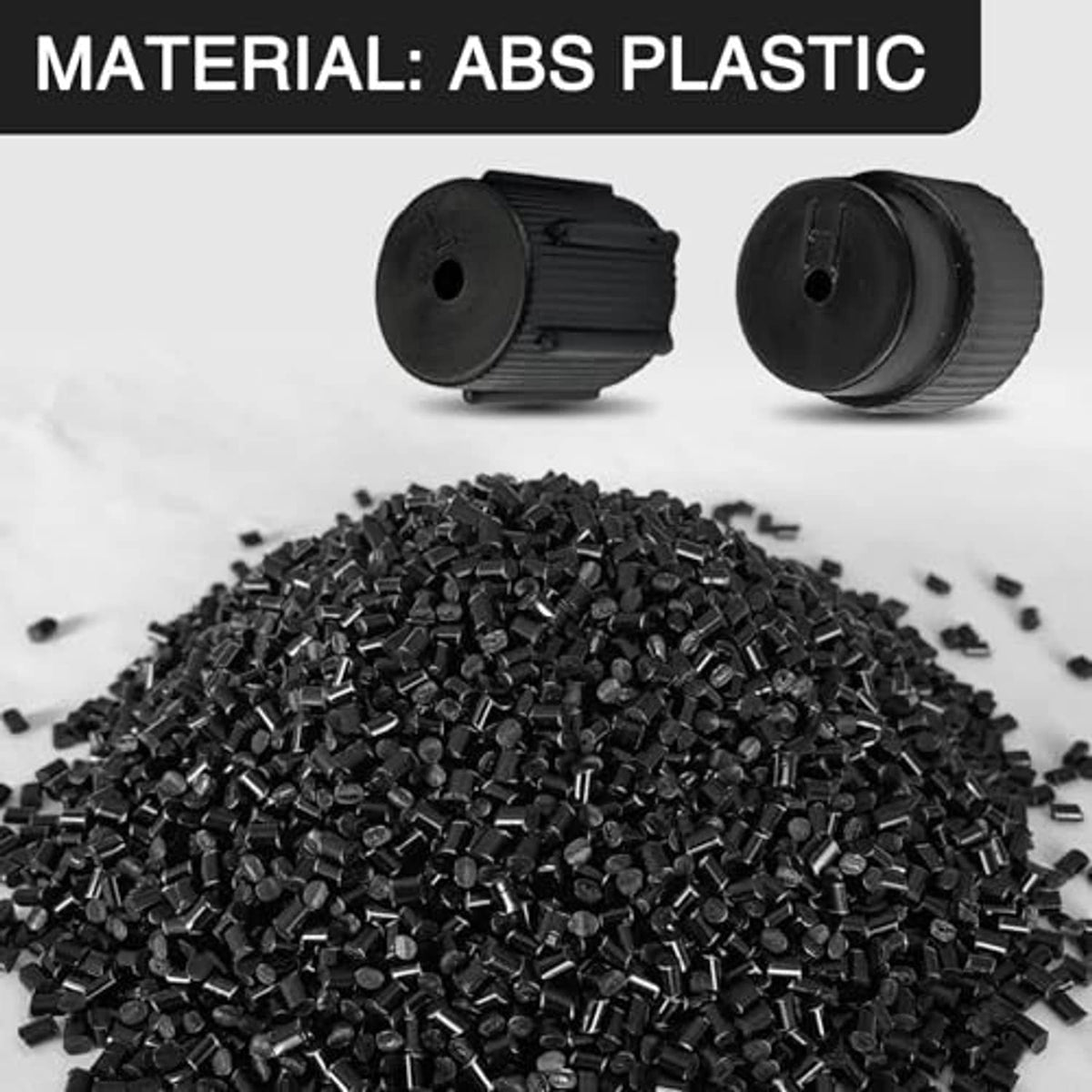 Black ABS AC valve core covers with small parts pile and two assembled pieces