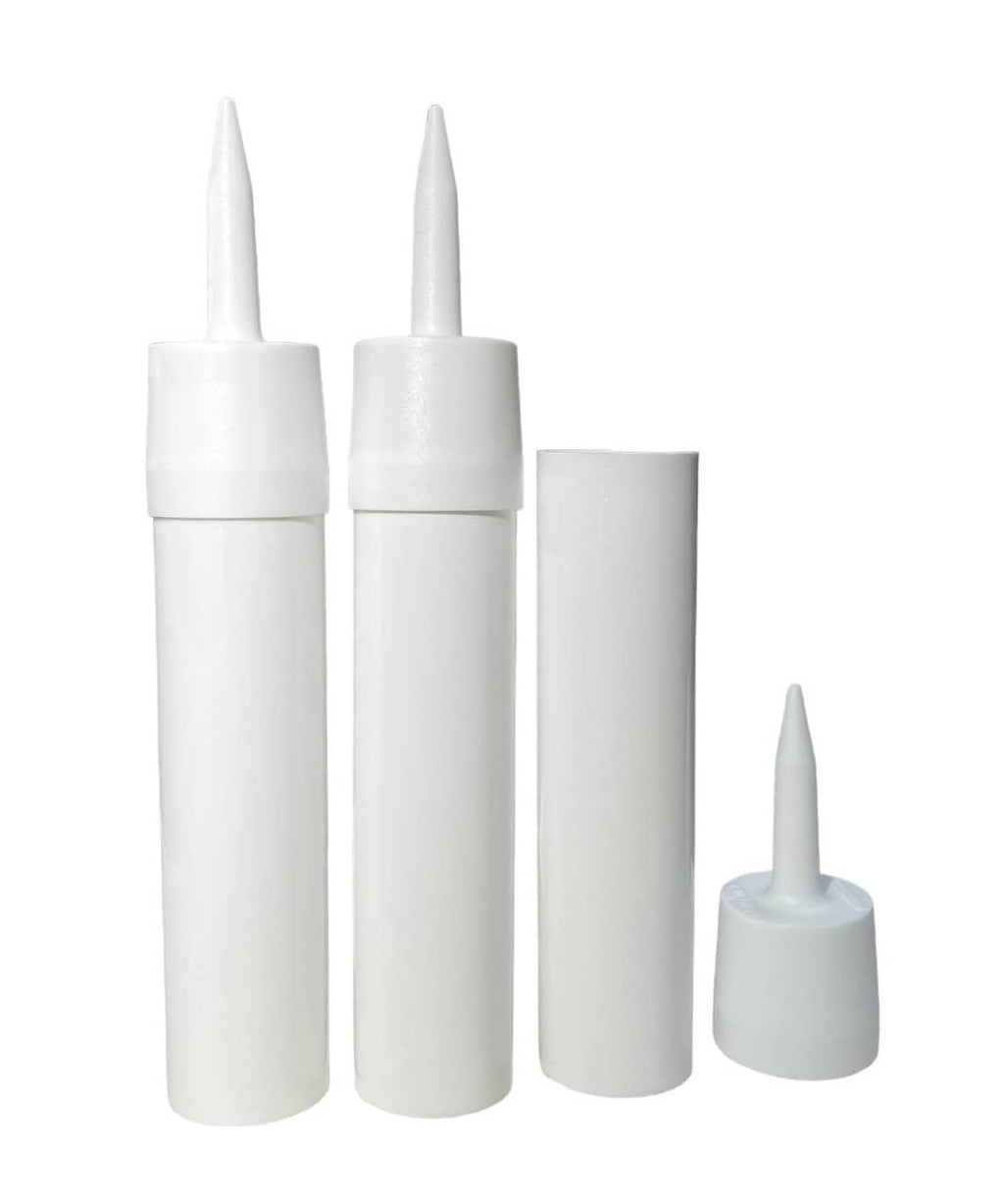 White refillable caulk cartridges with pointed nozzle tips and removable caps